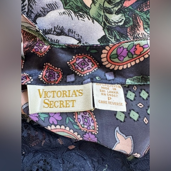 Vintage 90s Victoria's Secret Gold Label Satin Floral Slip Chemise Navy Lace - Picture 8 of 8